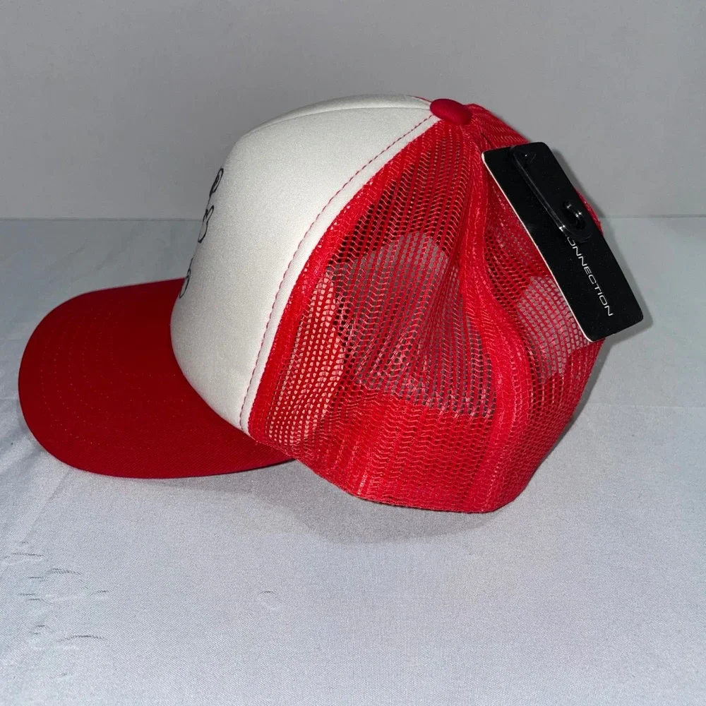 French Connection Red White Smoking Bear Graphic Trucker‎ Hat Snapback Cap NWT